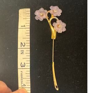 Vintage Givenchy Paris NY Purple Lucite Floral Gold toned Stick Brooch signed
